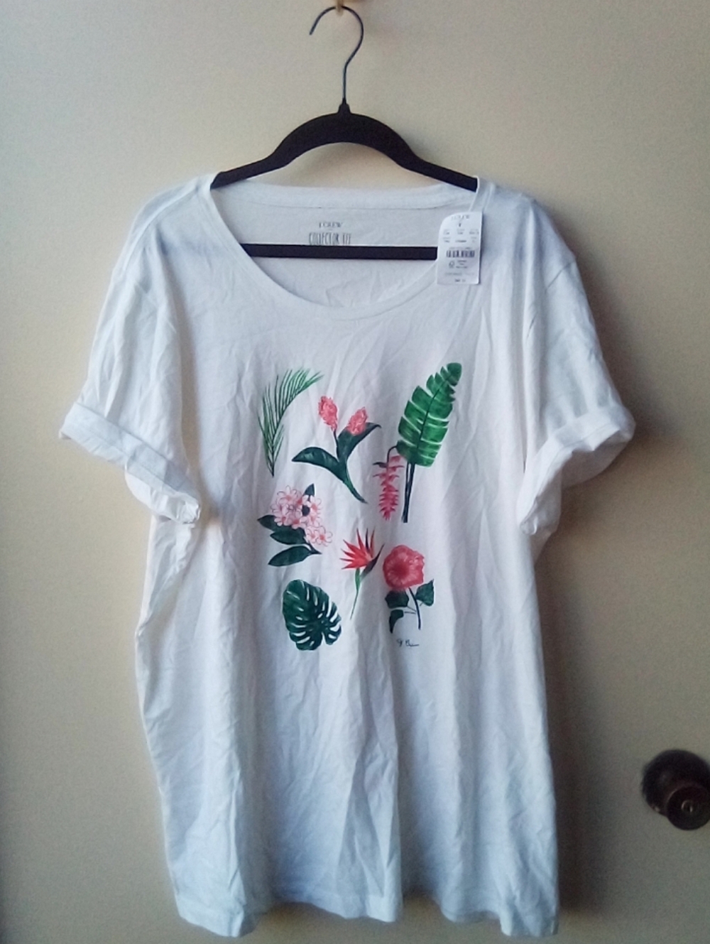 J.Crew Collector Tee White Floral Tropical Print Women’s Short Sleeve XL